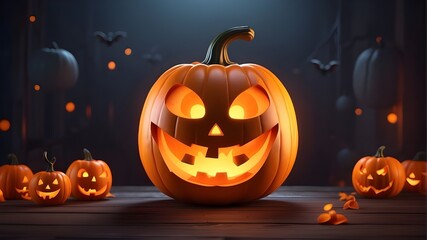 Fototapeta premium On an orange backdrop, a simple Halloween cartoon ghost appears through a Jack-o'-lantern pumpkin. Happy Halloween, idea. customary October celebration. three-dimensional rendering