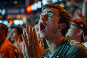 Obraz premium Dynamic Sports Fans Reacting at Live Events. Group shots with emotional expressions. Sports community and fan engagement concept. Design for event promotions and social media. Wide and closeup views