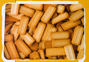 Box of salted breadsticks top view
