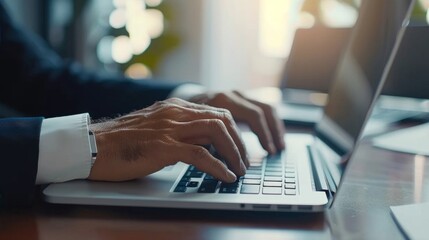 Business man working on laptop computer at modern office. Businessman in black suit working and typing on laptop keyboard, surfing the internet with digital tablet on office table