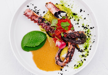 Gourmet grilled octopus with vegetable puree