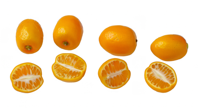 Kumquats: Various angles showing whole fruits, sliced cross-sections, and longitudinal sections, on transparent background, PNG