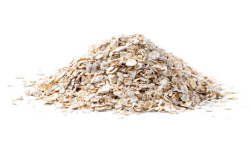 Rolled oats, healthy breakfast cereal oat flakes isolated on white background