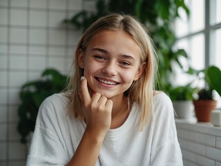 Happy young beautiful Caucasian woman takes care of her facial skin.