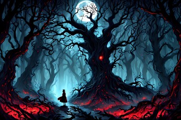 Scary halloween background with tree and moon at night