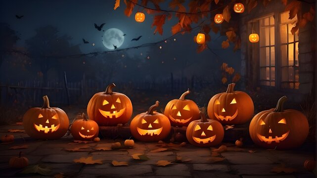 Autumn fall night, Halloween. a gathering of joyous Halloween pumpkins