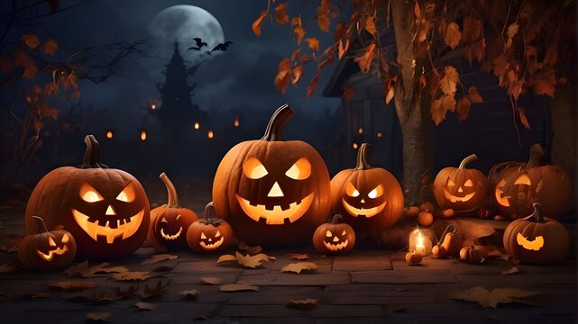 Autumn fall night, Halloween. a gathering of joyous Halloween pumpkins