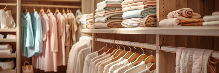 Neatly arranged women's clothing in soft pastel shades, displayed in a modern wardrobe. Ideal for fashion store advertisements, lifestyle articles, home decor magazines, and organization tutorials