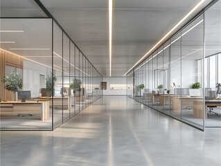 Obraz premium Modern office interior with glass walls, concrete floor and wooden desks, grey wall, white ceiling, daylight, perspective view,Generative AI illustration.