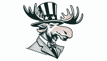 Moose 4th July Line Art Animal Patriotic with American Flag Celebration USA (United State) Art Cute Cartoon For Independence Day Memorial Day Clip Art