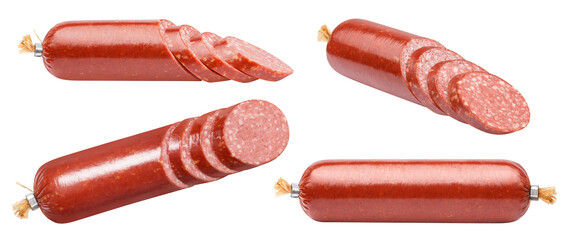 Set of delicious sliced smoked sausages, cut out