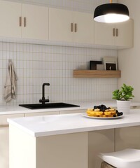 Modern, luxury kitchen with ivory cream built in cabinet, cupboard, kitchen island and white tile splashback in sunlight for interior design, product background 3D