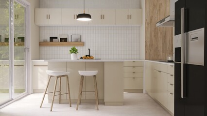 Modern, luxury kitchen with ivory cream built in cabinet, cupboard, kitchen island, black refrigerator and white tile splashback in sunlight from glass door for interior design, product background 3D