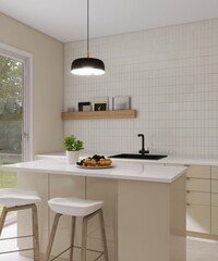 Modern, luxury kitchen with ivory cream built in cabinet, kitchen island and white tile splashback...