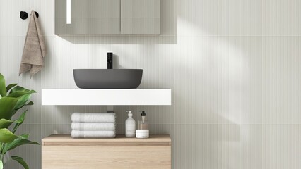 White vanity counter, black washbasin, mirror cabinet, plant in sunlight on vertical line tile wall for modern, luxury beauty, cosmetic, skincare, body care, bathroom interior design background 3D