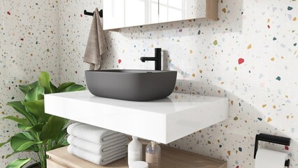 White vanity counter, black washbasin, mirror cabinet, plant in sunlight on colorful terrazzo tile...