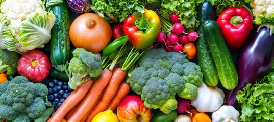 Assorted fresh vegetables top view for food advertising background with vibrant colors
