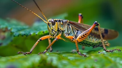 a colorful grasshopper on the top of leaf, a macro photography - Powered by Adobe