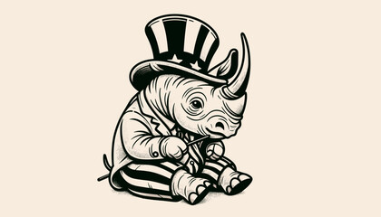 Rhino 4th July Line Art Memorial Day Clip Art Celebration USA (United State) Art Cute Cartoon For Independence Day Animal Patriotic with American Flag