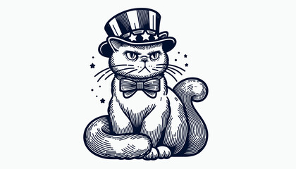 Russian Blue Cat 4th July Line Art Animal Patriotic with American Flag Memorial Day Clip Art Celebration USA (United State) Art Cute Cartoon For Independence Day