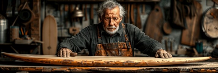 English woodworker crafting a custommade wooden surfboard for a beach enthusiast