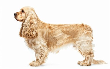 A poised American Cocker Spaniel stands in profile, showcasing its lush golden coat and refined silhouette. The breed's friendly disposition and beauty are on full display.