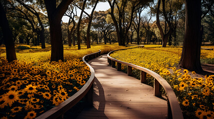the river in the park, autumn in the park, view of the path decorated with yellow flowers, Early autumn color on a road in rural Baltimore County, Maryland
