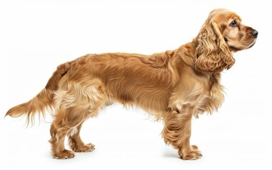 A poised American Cocker Spaniel stands in profile, showcasing its lush golden coat and refined silhouette. The breed's friendly disposition and beauty are on full display.