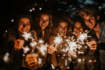 Five beautiful young people laugh while having fun together at night outdoors holding sparkling lights in their hands