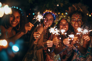 Four beautiful girls wearing makeup with glitter and colors laugh in fun while having fun together at night outdoors holding sparkling lights in their hands