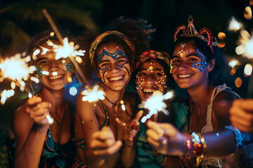 Four beautiful girls wearing makeup with glitter and colors laugh in fun while having fun together at night outdoors holding sparkling lights in their hands