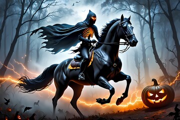 Halloween monster riding on a horse in forest 
