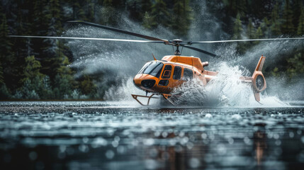 Fototapeta premium Helicopter crashing into a lake, water splashing dramatically as it submerges, light painting style