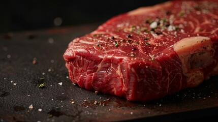 Close-up of a New York strip steak, showcasing the moderate fat marbling and rich texture, perfect for meat advertising, isolated background