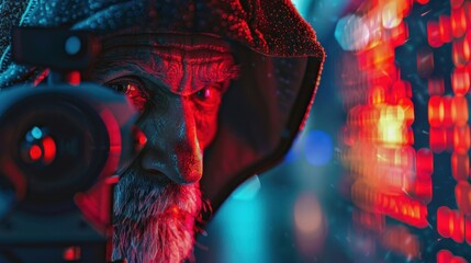 A mysterious old man in cyberpunk neon light hooded clothing on looking seriously AI generated image