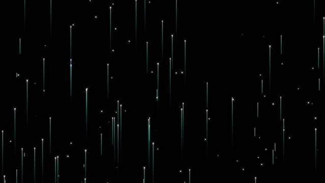 abstract animation of particles resembling flying, falling stars and colorful glowing light rain essence of lightspeed space journey, rendered with vivid neon lines against a dark