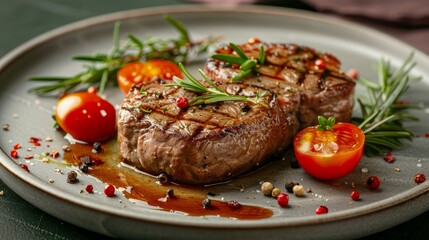 Close-up of a gourmet deer steak, beautifully decorated on a plate, showcasing premium meat with impeccable focus, isolated for ads