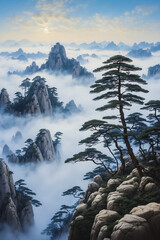  Mountains shrouded in clouds of blue and white smoke, with forests stretching into the distance and clear skies.