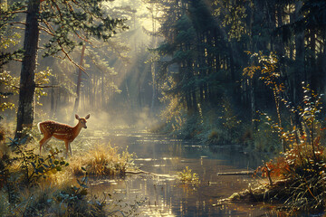 Deer by a forest stream with morning light filtering through the trees. High-resolution forest photography. Calm and tranquil nature scene. Design for postcards and brochures. Forest landscape