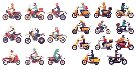 Isolated cartoon flat illustration of bikes, scooters, motorbikes, and choppers.