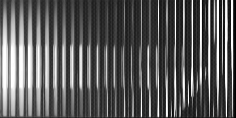 3d transparent ribbed glass background with refraction effect. Reeded glass with black and white gradient. Render of corrugated wall with overlay reflection light on dark. 3d vector background