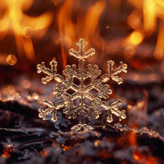 Glimmering Snowflake Amidst a Warm Fire Glow. Generative AI image.