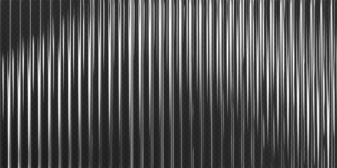 3d transparent ribbed glass background with refraction effect. Reeded glass with black and white gradient. Render of corrugated wall with overlay reflection light on dark. 3d vector background