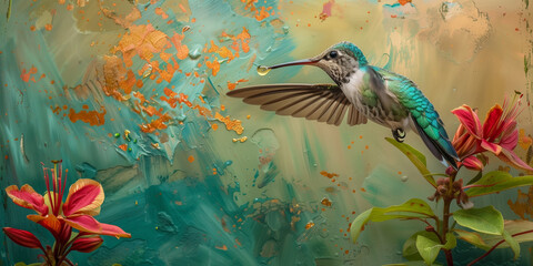 Fawn-breasted Brilliant Hummingbird in flight in colorful water color style background 