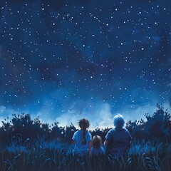 Quiet moment, grandmother and granddaughter looking at the stars, clear night sky