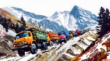 Fototapeta premium Convoy of Allied Supply Trucks Traversing Treacherous Mountain Roads Towards the Front Lines in Esport Style
