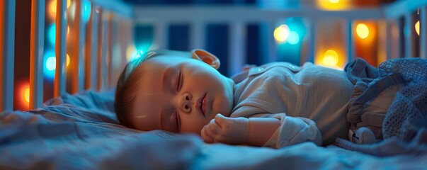 Newborn sleeping soundly in a smart crib that monitors sleep patterns, light painting style