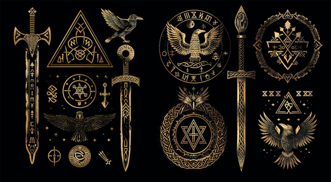 In 3 modern illustrations, pagan norse design with , raven, sword and runes on a black background.