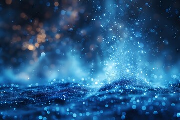 Obraz premium 3D qubits floating, deep blue with silver highlights, close up on quantum particles, vivid colors, Double exposure silhouette with a meteor shower