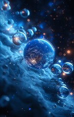 3D qubits floating, deep blue with silver highlights, close up on quantum particles, vivid colors, Double exposure silhouette with a meteor shower